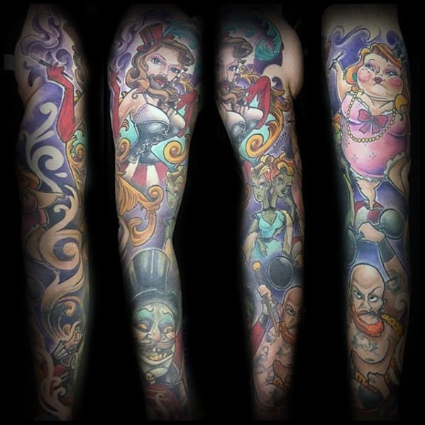 Full Arm Sleeve Mens Cool Circus Themed Tattoo Ideas