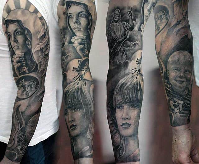 Full Arm Sleeve Mens Portrait Virgin Mary Tattoos