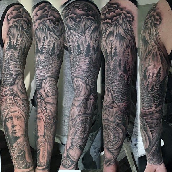 Full Arm Sleeve Nature Themed Awesome River Tattoos For Men