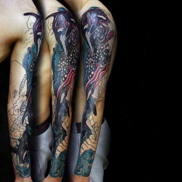 Vibrant and detailed orca tattoo sleeve, covering both arms with intricate designs that include flowing waves, clouds, and flowers, combined with dynamic colors for a stunning effect.