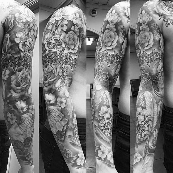 Full Arm Sleeve Quill Tattoo Design Ideas For Males