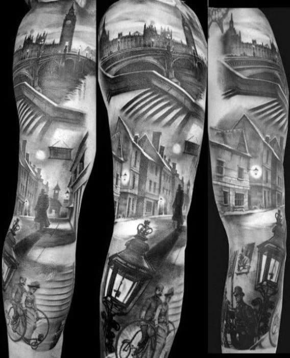 Black and white tattoo sleeve depicting a London street scene with Sherlock Holmes, Big Ben, buildings, and a cyclist