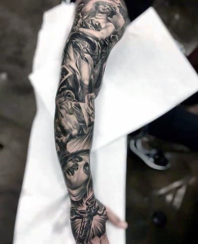 Full Arm Sleeve Religious Mens 3d Cross Tattoo Designs