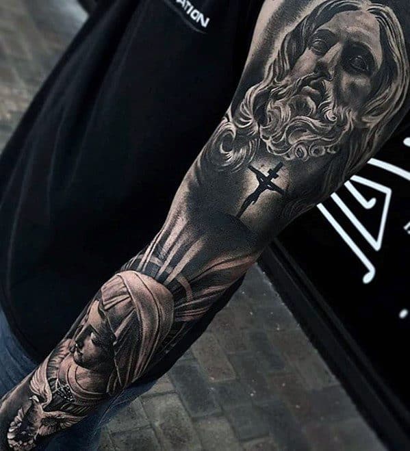 Full Arm Sleeve Religious Themed Guys 3d Jesus Tattoo Designs