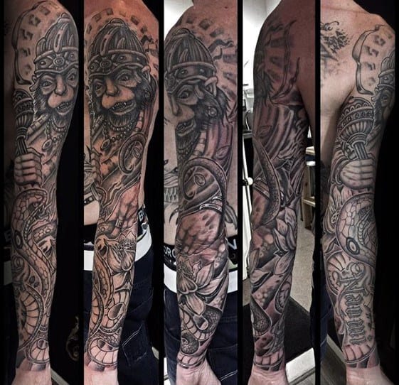 Full Arm Sleeve Shaded Hindu Hanuman Guys Tattoo Designs