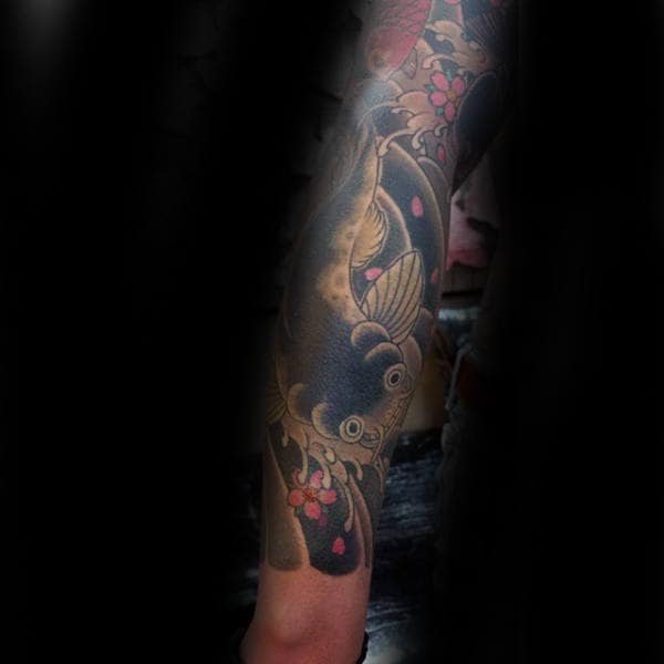 Full Arm Sleeve Tattoo Of Catfish With Japanese Design For Men