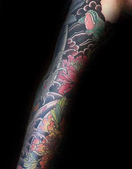 Full Arm Sleeve Tattoo Of Peony Flowers With Japanese Design For Guys