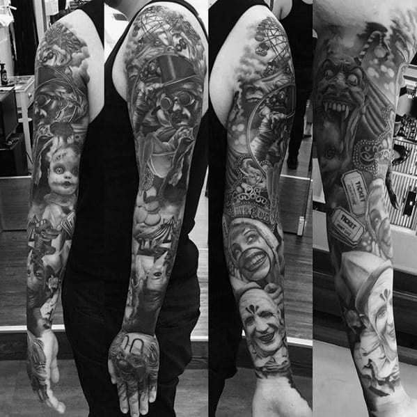 Full Arm Sleeve Themed Circus Tattoo Ideas On Guys