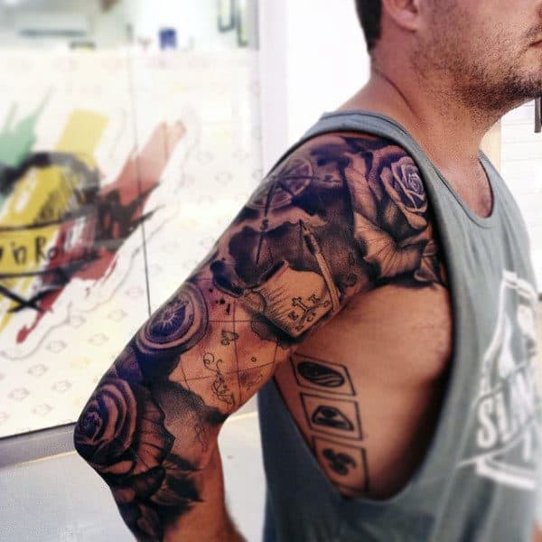 Full Arm Sleeve Travel Map With Rose Flowers Tattoos For Men