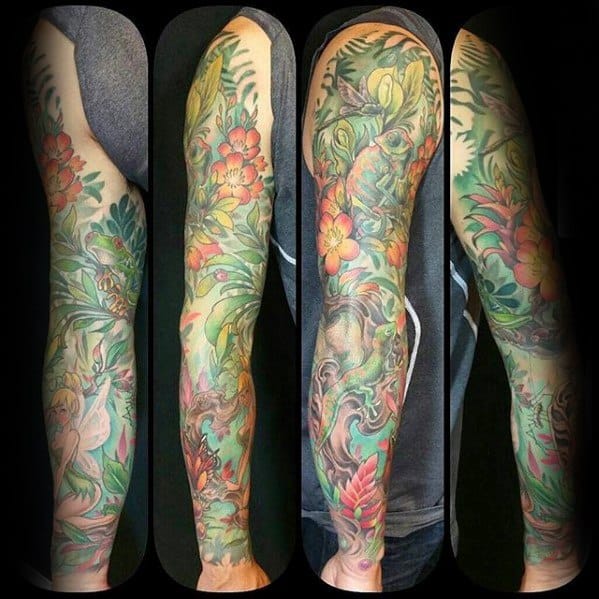 Full Arm Sleeve Tree Frog Tattoo Ideas For Males