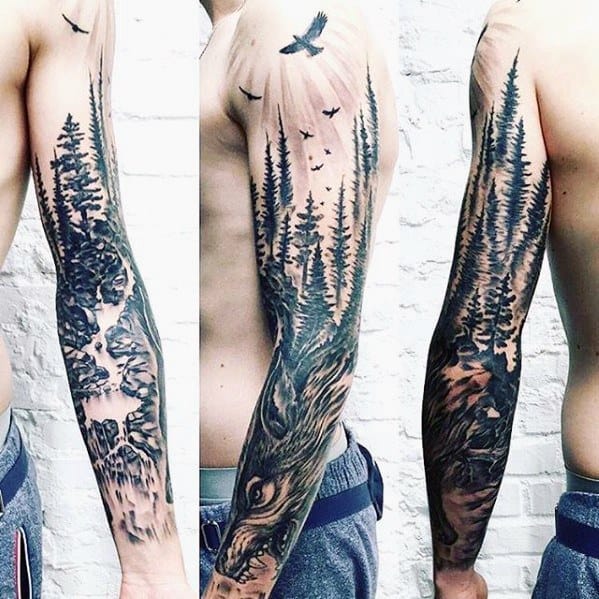 Full Arm Sleeve Trees With Wolf Guys Tattoos With River Design