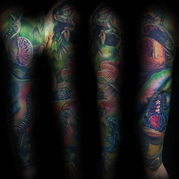 Full Arm Sleeve Tropical Mens Snail Tattoo