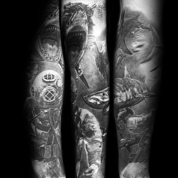 Full Arm Sleeve Underwater Deep Sea Diving Helmet Tattoo Designs For Males