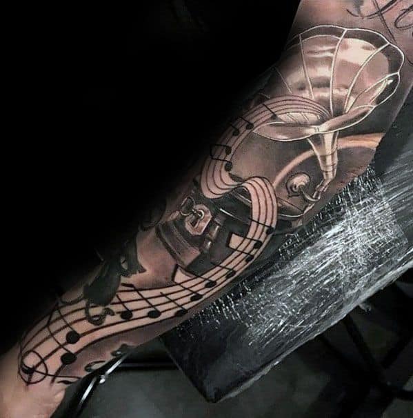Full Arm Sleeve Vintage Record Player Guys Music Staff Tattoo Deisgns