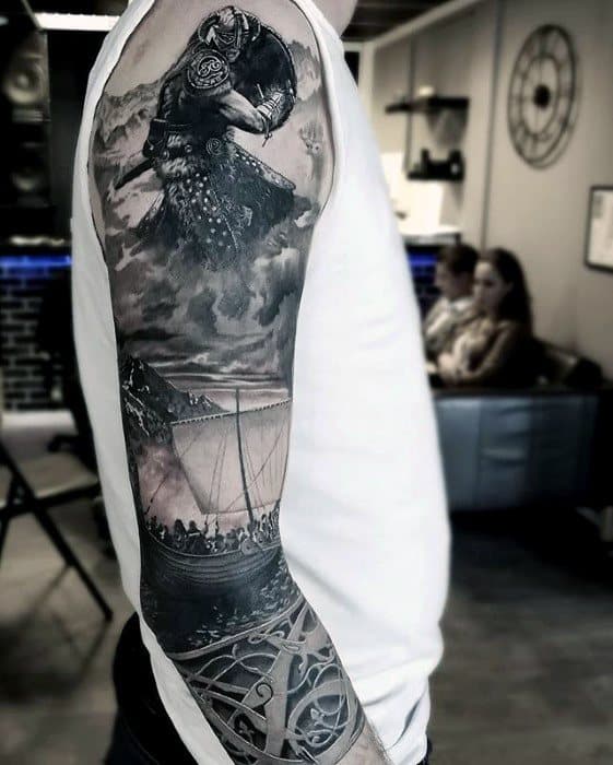 Full Arm Viking 3d Realistic Epic Tattoo Ideas For Gentlemen