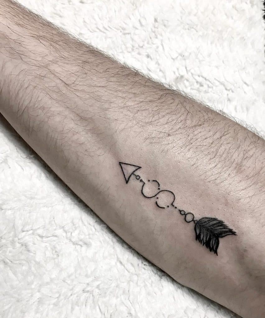 A minimalist infinity tattoo connected with a small arrow and a delicate feather, symbolizing freedom and continuity.