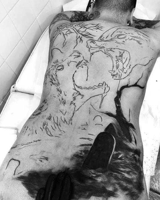 Full Back 3d Male Sick Wolf Tattoo Ideas