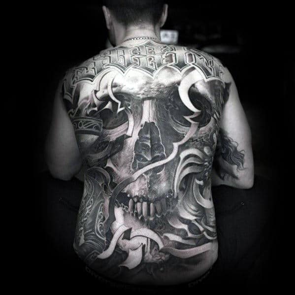 Full Back 3d Skull Ornate Guys Cool Back Tattoos