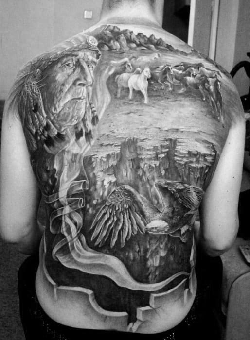 Full Back 3d Sweet Native American Themed Tattoos For Guys