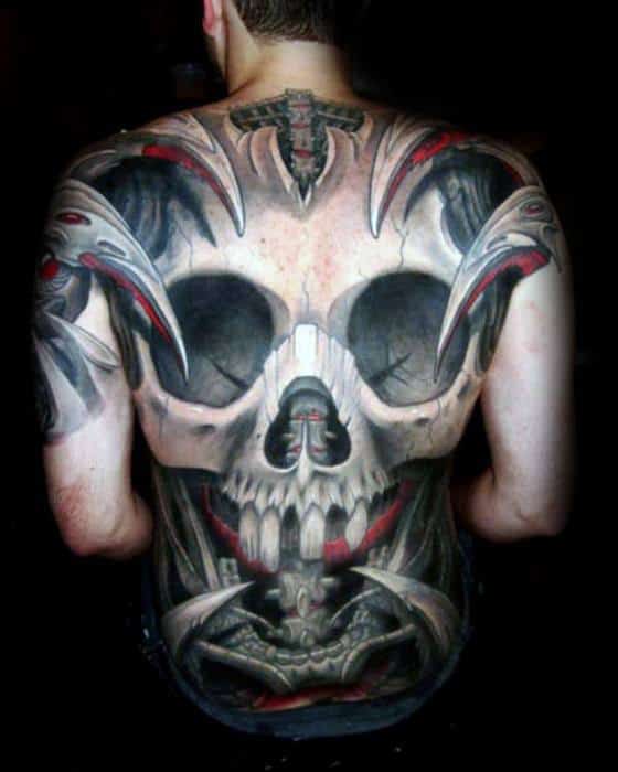Full Back Badass Skull Tattoo Design On Man