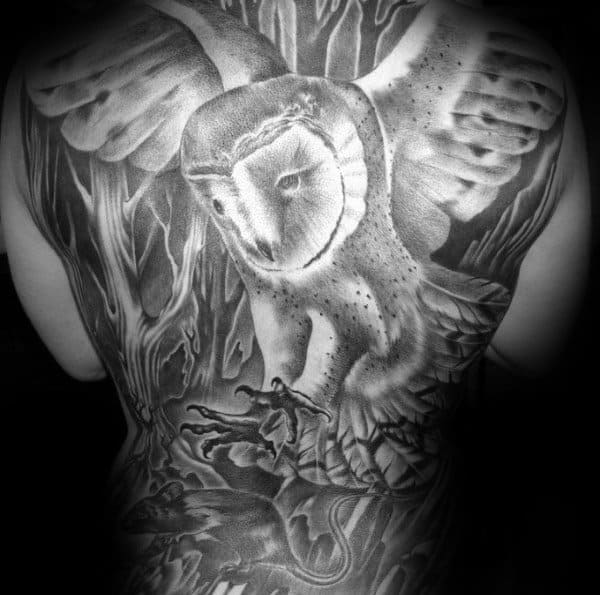 Full Back Barn Owl With Mouse Mens Tattoo Ideas