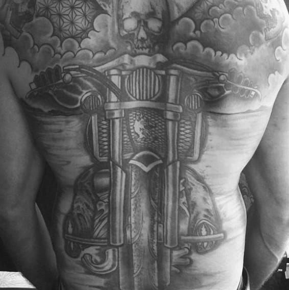 Full Back Biker Motorcycle Riding Tattoo For Guys