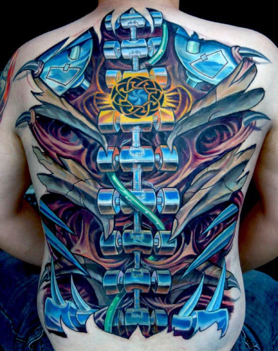 Full Back Biomechanical Spine Tattoo Optical Illusion Ink With 3d Effect