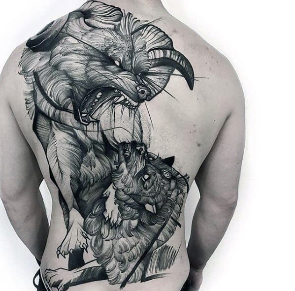 Full Back Black And Grey Guys Sketch Tattoo Designs