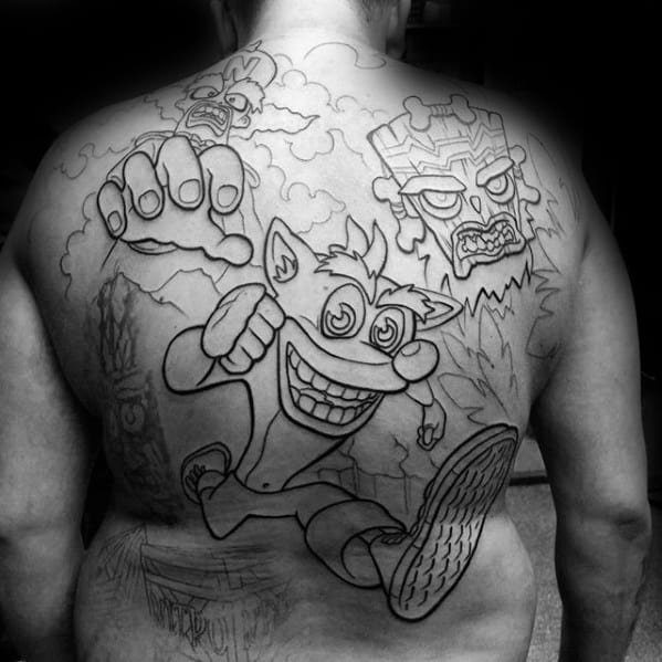 Full Back Black Ink Outline Cool Male Crash Bandicoot Tattoo Designs
