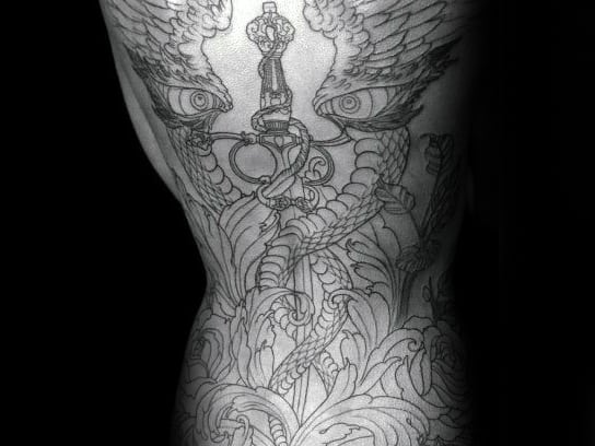 Full Back Caduceus Ornate Mens Tattoos