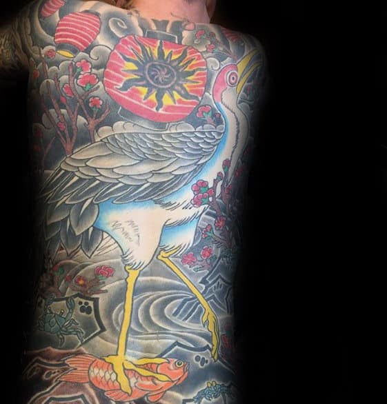 Full Back Crane Japanese Tattoo On Man