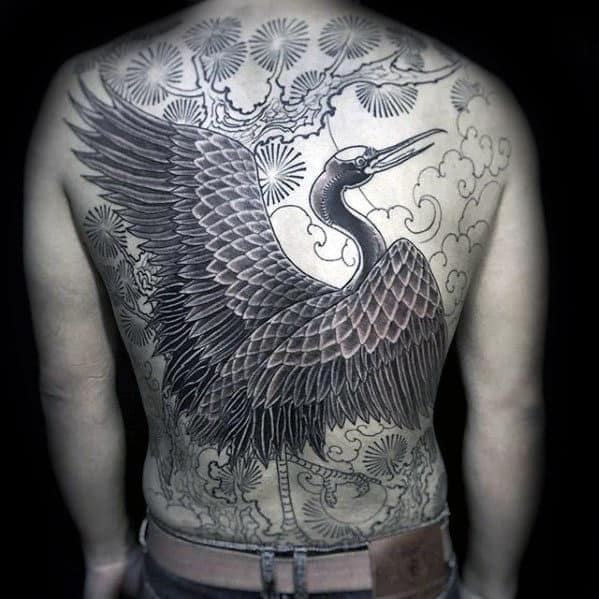Full Back Detailed Male Crane Bird Tattoo Design Inspiration