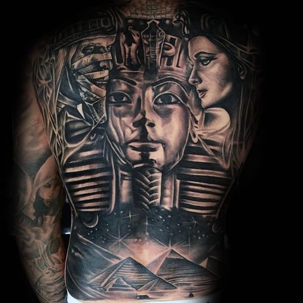 Full Back Egyptian Themed Male Mummy Tattoos