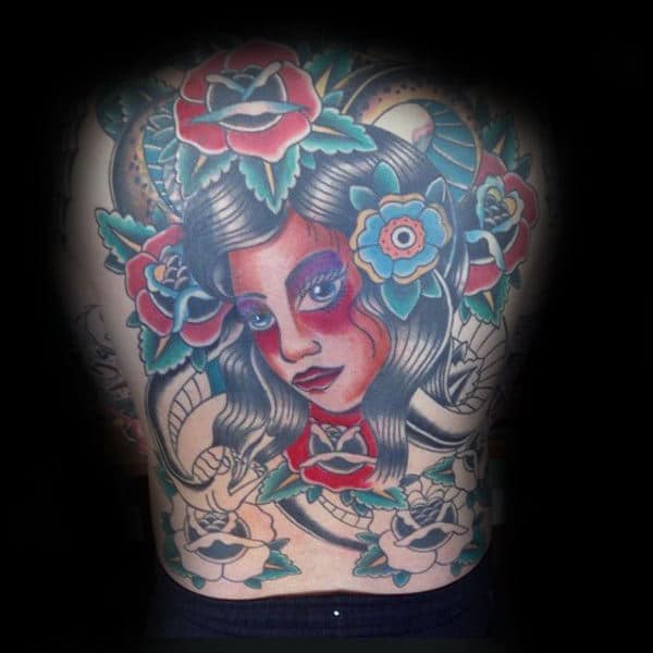 Full Back Female Portrait Male Traditional Rose Tattoo Designs