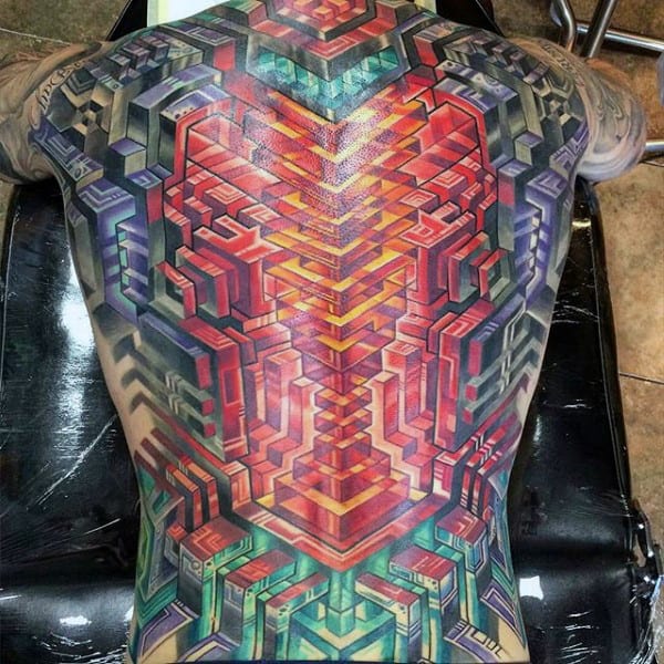 Full Back Geometric 3d Male Modern Tattoo Design Ideas