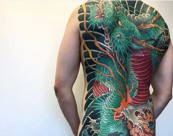 Full Back Green And Red Dragon Male Traditional Japanese Tattoos