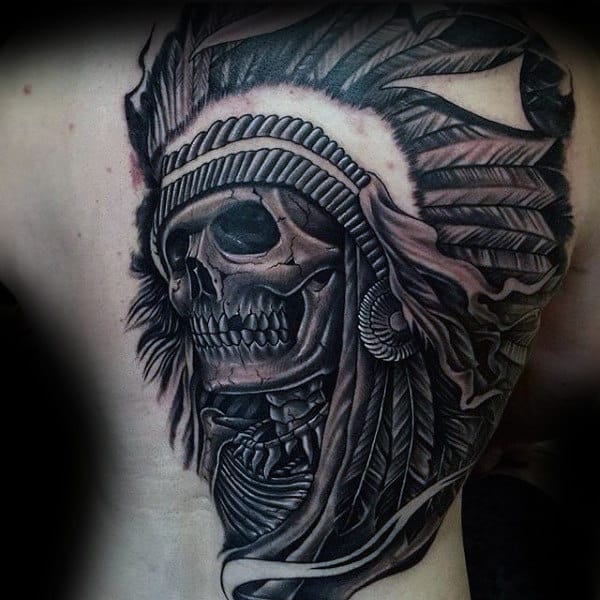 Full Back Guys Chief Indian Skull Tattoo Designs