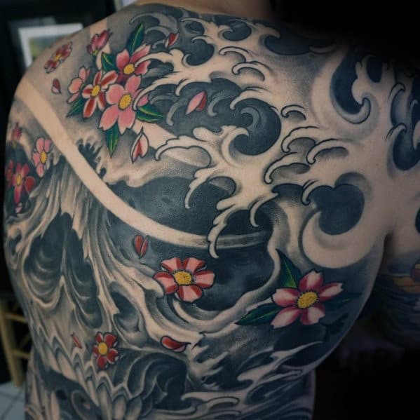 Full Back Guys Japanese Skull Water Waves Tattoo Design Ideas