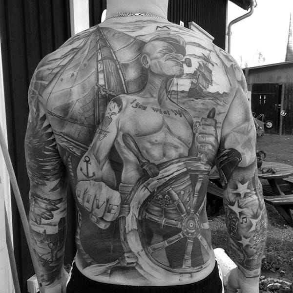 Full Back Guys Popeye Sailing Ship Tattoos