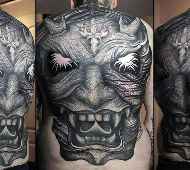 Full Back Guys Shaded Black And Grey Hannya Mask Tattoo