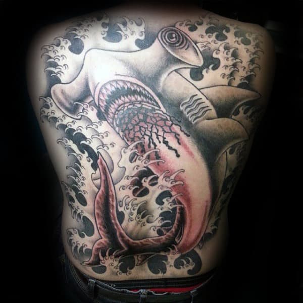 Full Back Hammerhead Shark Shaded Mens Tattoo Ideas