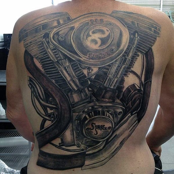 Full Back Harley Davidson Engine Tattoos For Guys