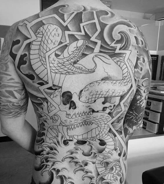 Full Back Heavily Shaded Remarkable Japanese Snake Tattoos For Males