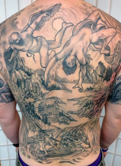 Full Back Icarus And Father Mens Tattoo Designs