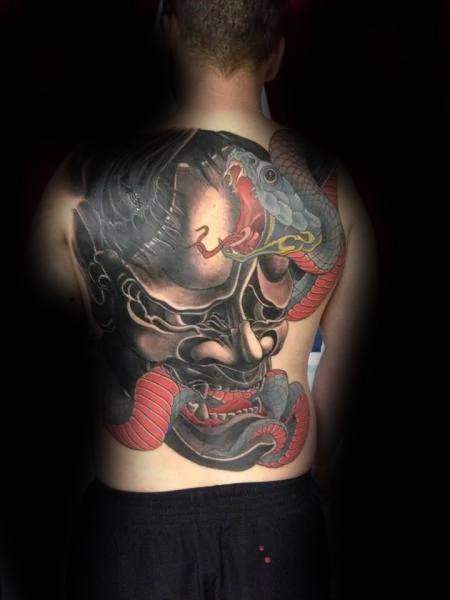 Full Back Japanese Demon Mask Snake Mens Tattoos