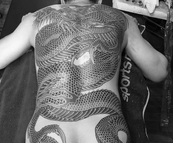 Full Back Japanese Dragon Guys Black And Grey Tattoos