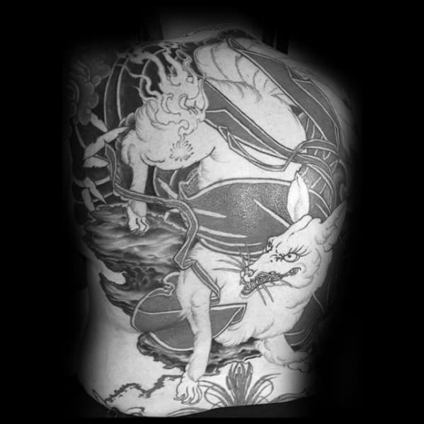 Full Back Kitsune Shaded Mens Tattoo Design Inspiration