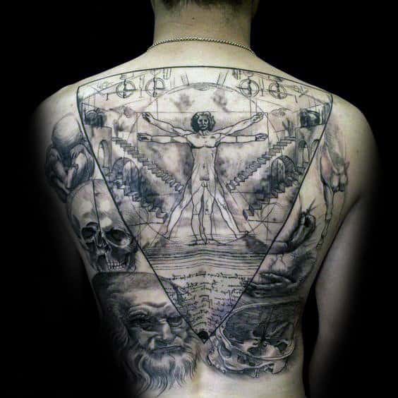 Full Back Leonardo Da Vinci Themed Mens Vitruvian Man Drawing Back Tattoos