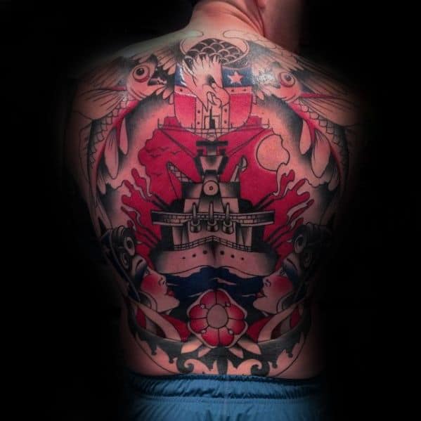 Full-back tattoo of a battleship with red waves, koi fish, and intricate nautical designs