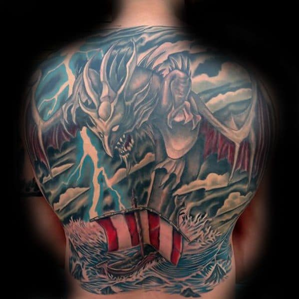 Full Back Male Creature At Sea Thunderstorm Tattoo Ideas